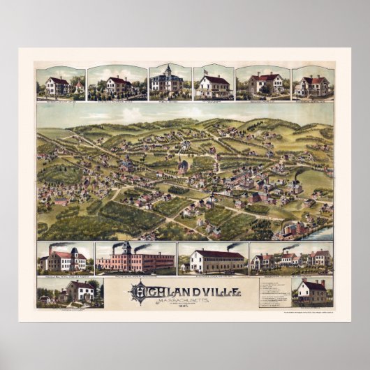 Poster Highlandville, MA Carte panoramique - 1887 (Devant)