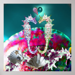 Poster HIPOCAMPES AMOUREUX, PINK TEAL BLEU Nacre