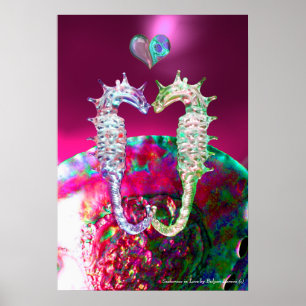 POSTER HIPOCAMPES AMOUREUX ROSE FUCHSIA MÈRE DE PERLE