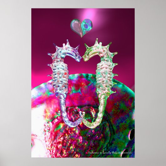 POSTER HIPOCAMPES AMOUREUX ROSE FUCHSIA MÈRE DE PERLE (Devant)