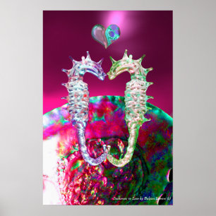 POSTER HIPOCAMPES AMOUREUX ROSE FUCHSIA MÈRE DE PERLE