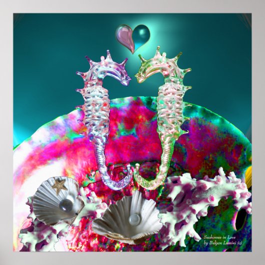 POSTER HIPOCAMPES EN AMOUR, PERLE DE TEINT PINK BLEU (Devant)