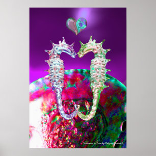 POSTER HIPOCAMPES EN AMOUR ROSE BLEU VIOLET MÈRE PERLE