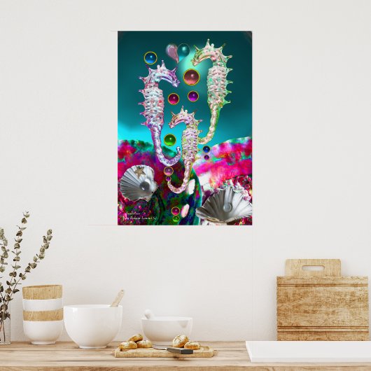 POSTER HIPOCAMPES , ROSE PERLE BLEUE (Cuisine)