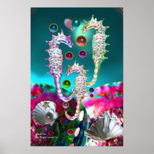 POSTER HIPOCAMPES , ROSE TEINTÉ DE BLEU MÈRE PERLE
