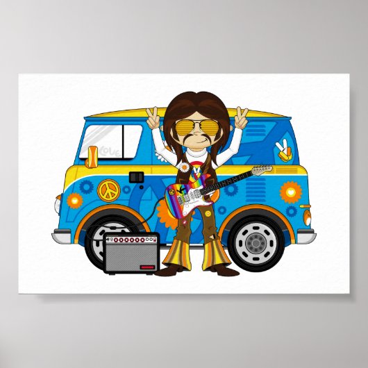 Poster Hippie Boy avec Guitare & Camper Van (Devant)