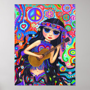 Poster Hippie Mermaid, fille psychédélique avec la guitar