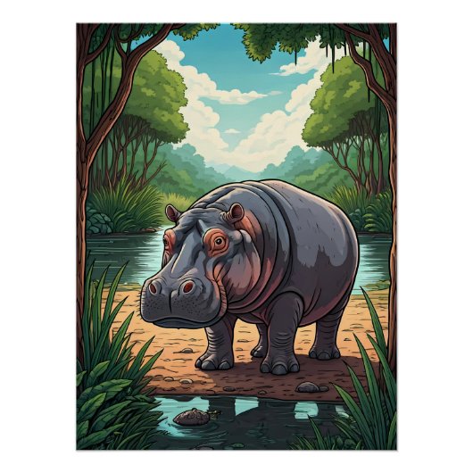Poster Hippo by the Riverside (Devant)