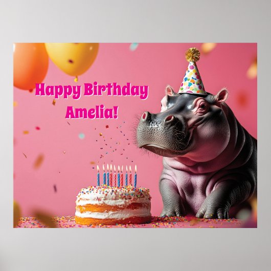 Poster Hippo d'anniversaire avec gâteau et ballons (Devant)