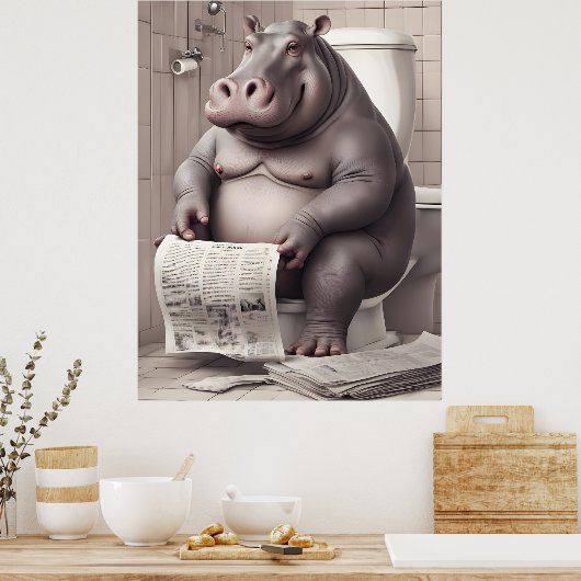 Poster Hippo dans les toilettes Lecture des journaux (Cuisine)