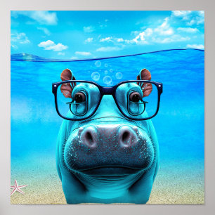 Poster Hippo drôle avec lunettes Hippopotamus Zoo Animal