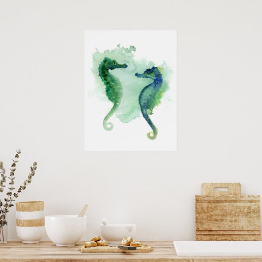 Poster Hippocampe bleu vert à baldaquin blanc (Cuisine)