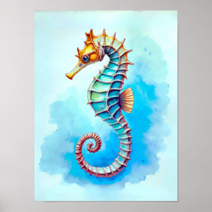 Poster Hippocampe d'aquarelle sur Turquoise