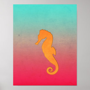 Poster Hippocampe orange silhouette Simple plage nautique