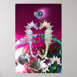 POSTER HIPPOCAMPES AMOUREUX, PERLE ROSE TEAL BLEU MÈRE