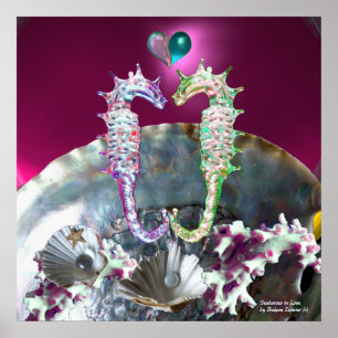 POSTER HIPPOCAMPES AMOUREUX, PERLE ROSE TURQUOISE BLEUE