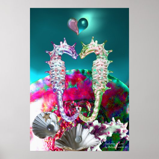 POSTER HIPPOCAMPES AMOUREUX, PERLE ROSE TURQUOISE BLEUE (Devant)