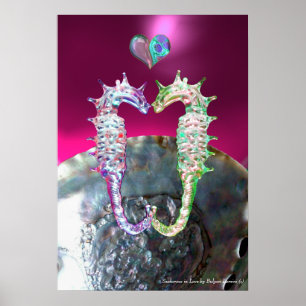 POSTER HIPPOCAMPES AMOUREUX PINK FUCHSIA MÈRE DE PERLE