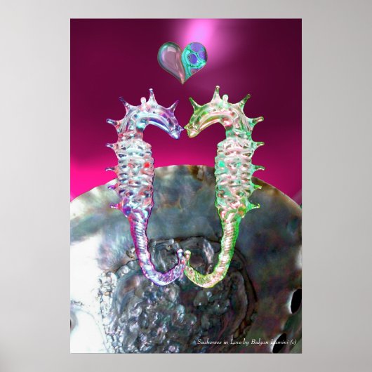 POSTER HIPPOCAMPES AMOUREUX PINK FUCHSIA MÈRE DE PERLE (Devant)