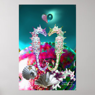 Poster HIPPOCAMPES AMOUREUX , PINK TEAL BLEU Nacre