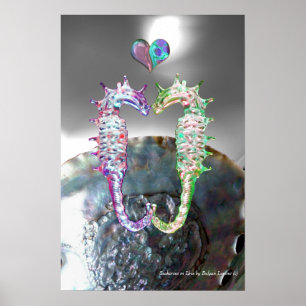 POSTER HIPPOCAMPES AMOUREUX ROSE FUCHSIA MÈRE DE PERLE