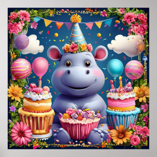 Poster Hippopotame d'anniversaire avec gâteau et ballons