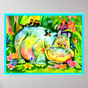 Poster hippopotame et oiseaux aux couleurs vives