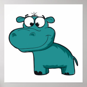 Poster Hippopotame heureux bleu