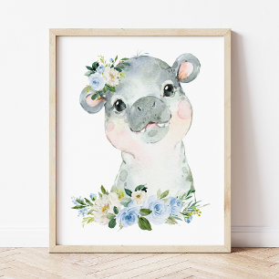 Poster Hippopotame, Safari, Jungle, Fleurs Bleues, Garçon