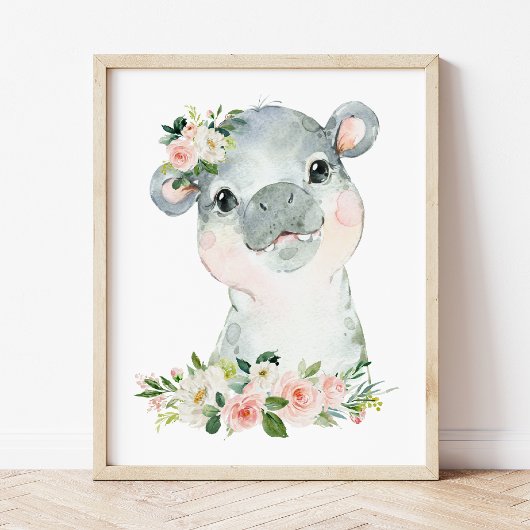 Poster Hippopotame, Safari, Jungle, Fleurs Roses, Chambre