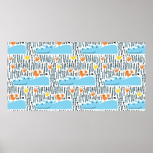 Poster Hippopotames et oiseaux dans le lac sans soudure m (Devant)