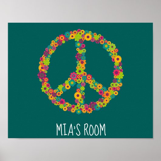 Poster Hippy signe de paix fleurs chambre filles (Devant)