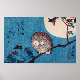 Poster Hiroshige, Hibou sur branche d'érable sous la plei