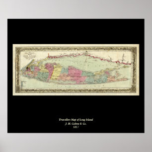 Poster Historic 1855-1857 Travellers Map of Long Island