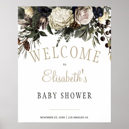 Poster Hiver blanc peonys chic baby shower signe de bienv (Devant)