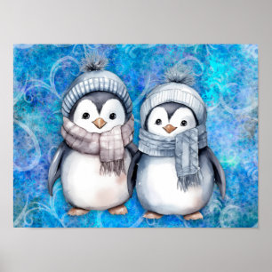 Poster Hiver Bleu Aquarelle Pingouins Écarts Casquette