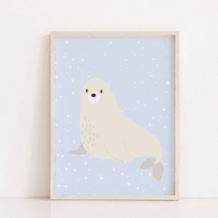 Poster Hiver bleu Lion de mer Coiffure pour animaux de