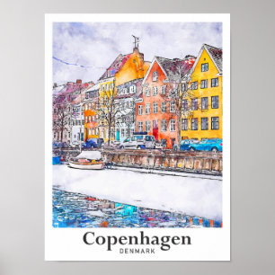Poster Hiver Copenhague Danemark Aquarelle Main tirée