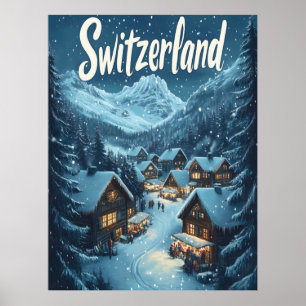 Poster Hiver en Suisse : scène de village de montagne