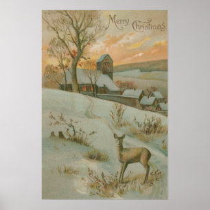 Poster Hiver Field Deer Church Neige