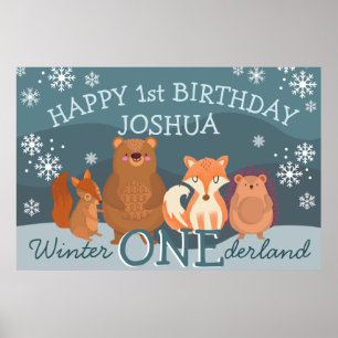 Poster Hiver Onederland bois animaux 1er anniversaire