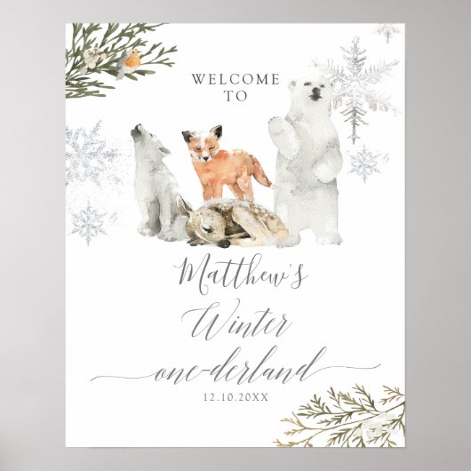 Poster Hiver Onederland Bois Animaux Anniversaire Bienven (Devant)