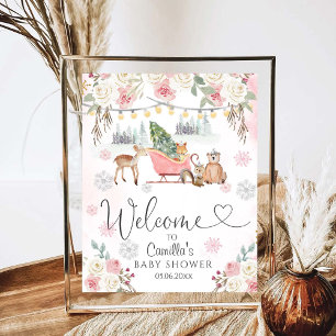 Poster Hiver Pink Woodland Animaux Fille Baby shower