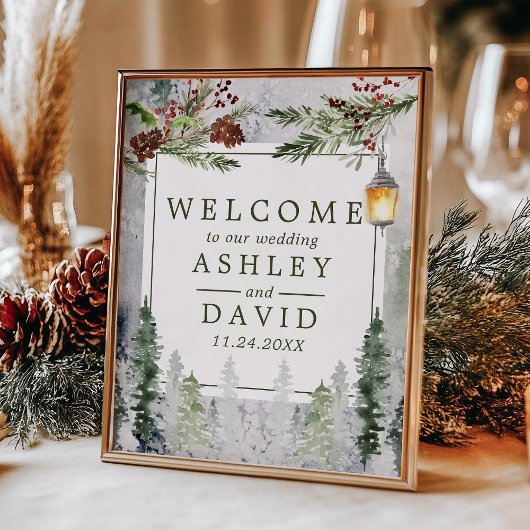 Poster Hiver Pins Rustiques Lanterne Mariage Bienvenue