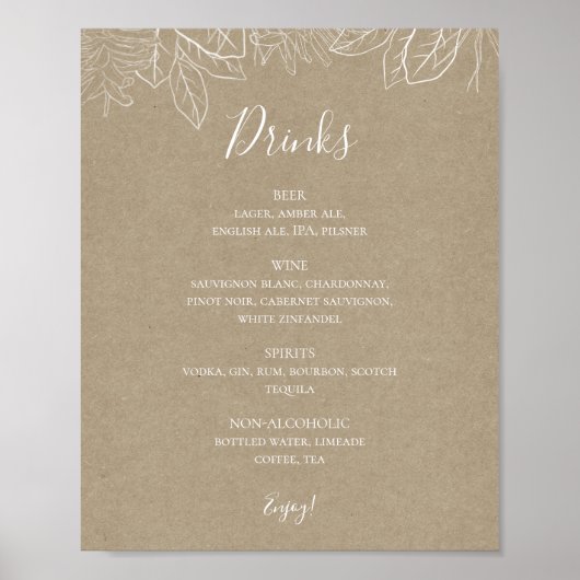 Poster Hiver rustique | Menu des boissons Mariages Kraft (Devant)