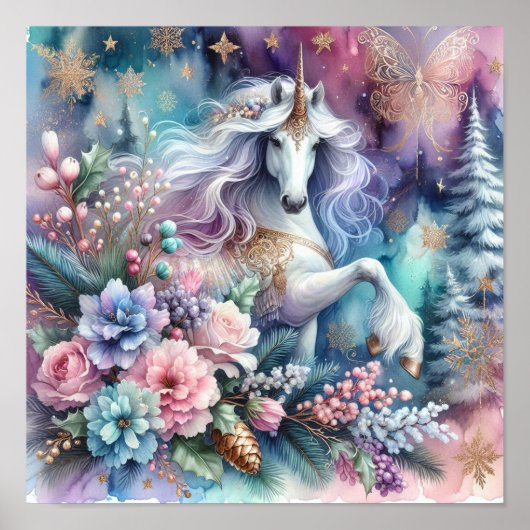 Poster Hiver Unicorne scène magique 4 (Devant)