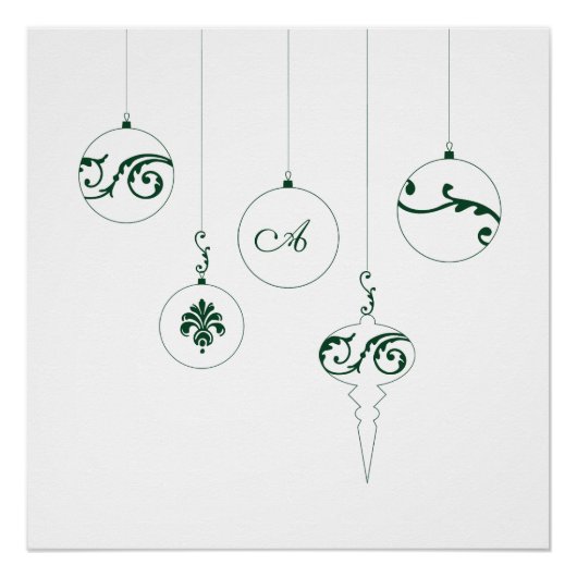 Poster Hiver Vert Monogramme Bauble Ornements de Noël (Devant)