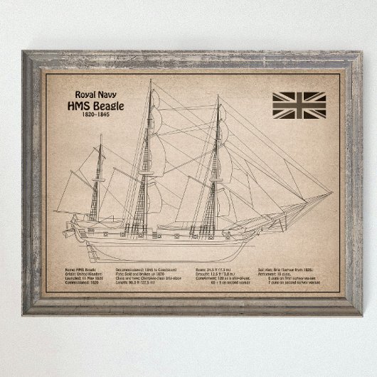 Poster HMS Beagle grand navire - plan d'expédition SD