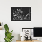 Poster Hokusai Meets Fibonacci linear black and white (Bureau à domicile)