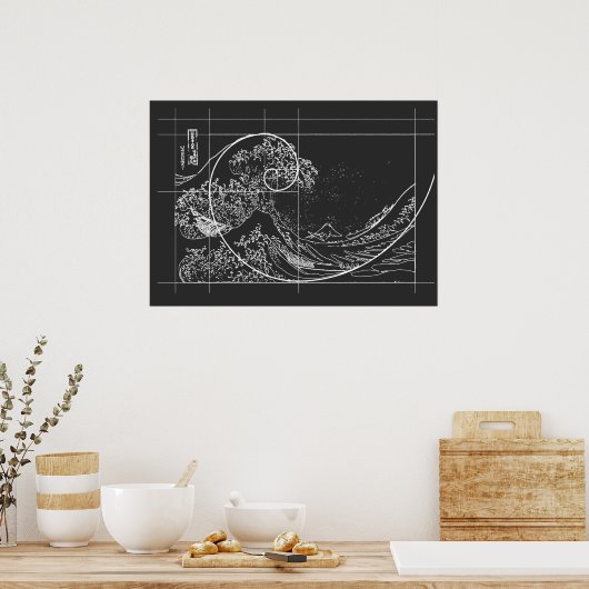Poster Hokusai Meets Fibonacci linear black and white (Cuisine)